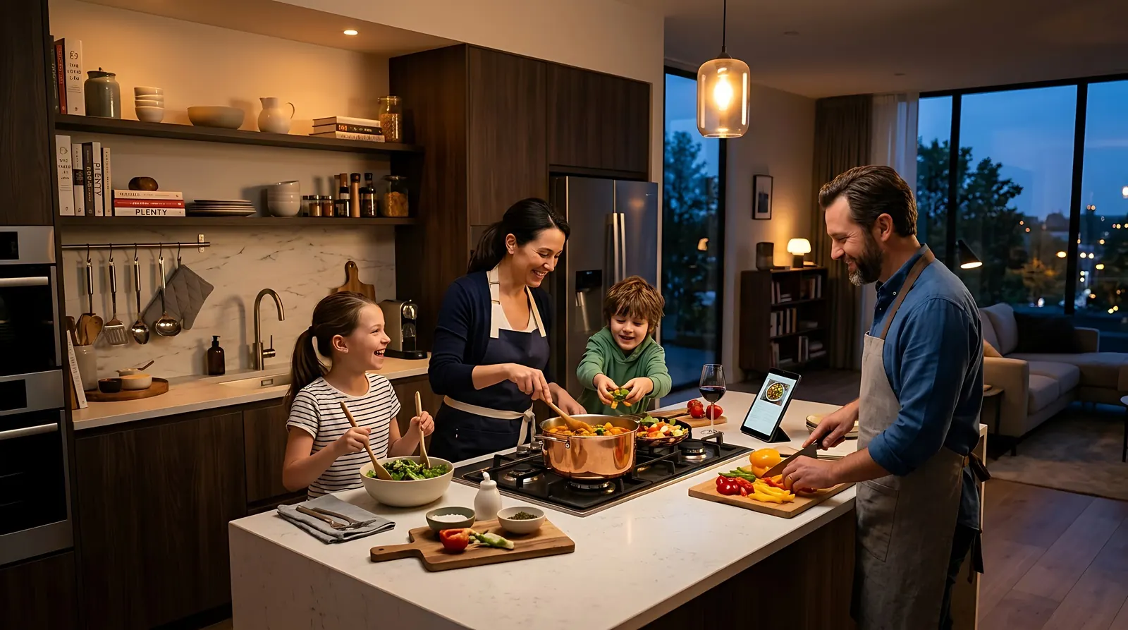 A family cooking together in an apartment kitchen.
