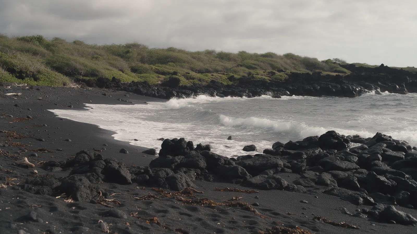 Dark volcanic sand and rock along an overcast shoreline: black-sand coast is the signature landscape of Tokyo's volcanic islands.