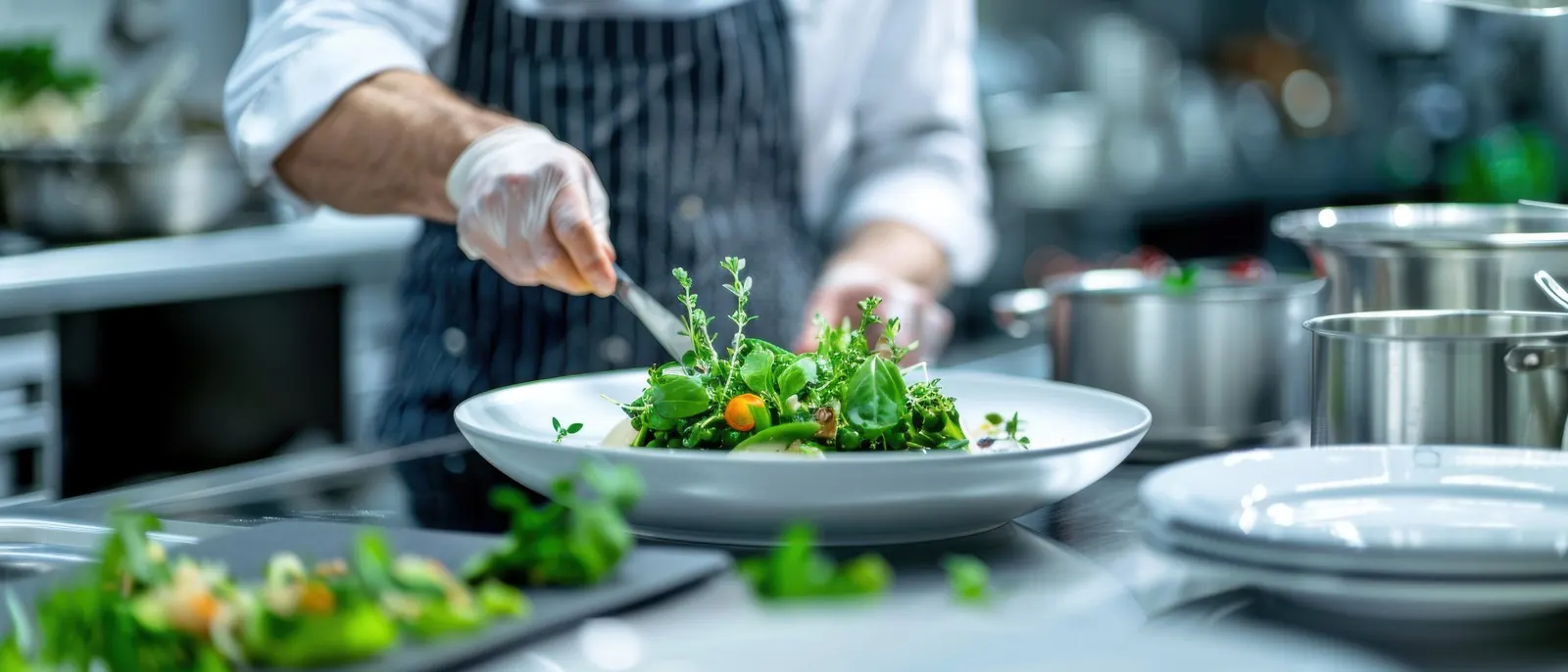 A chef garnishing a plate with herbs: Tsuruoka's restaurants cook with what the region grows.