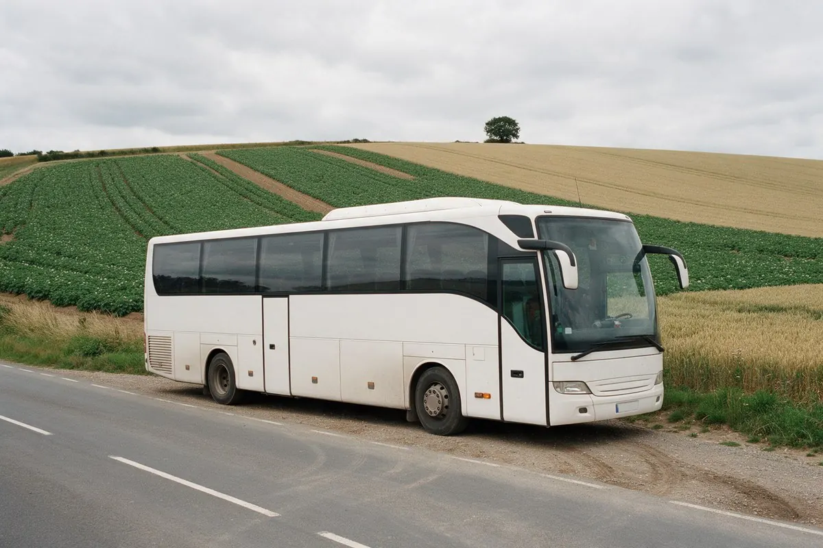 A coach waiting on a quiet farm road: the patchwork hills are seen from the bus, with short roadside stops.