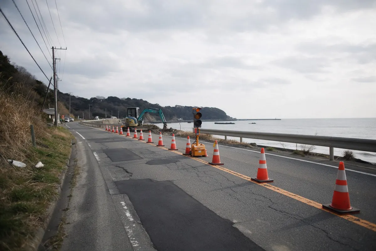 A coastal road with one lane closed for repairs under a grey sky: on Noto we plan driving time generously.