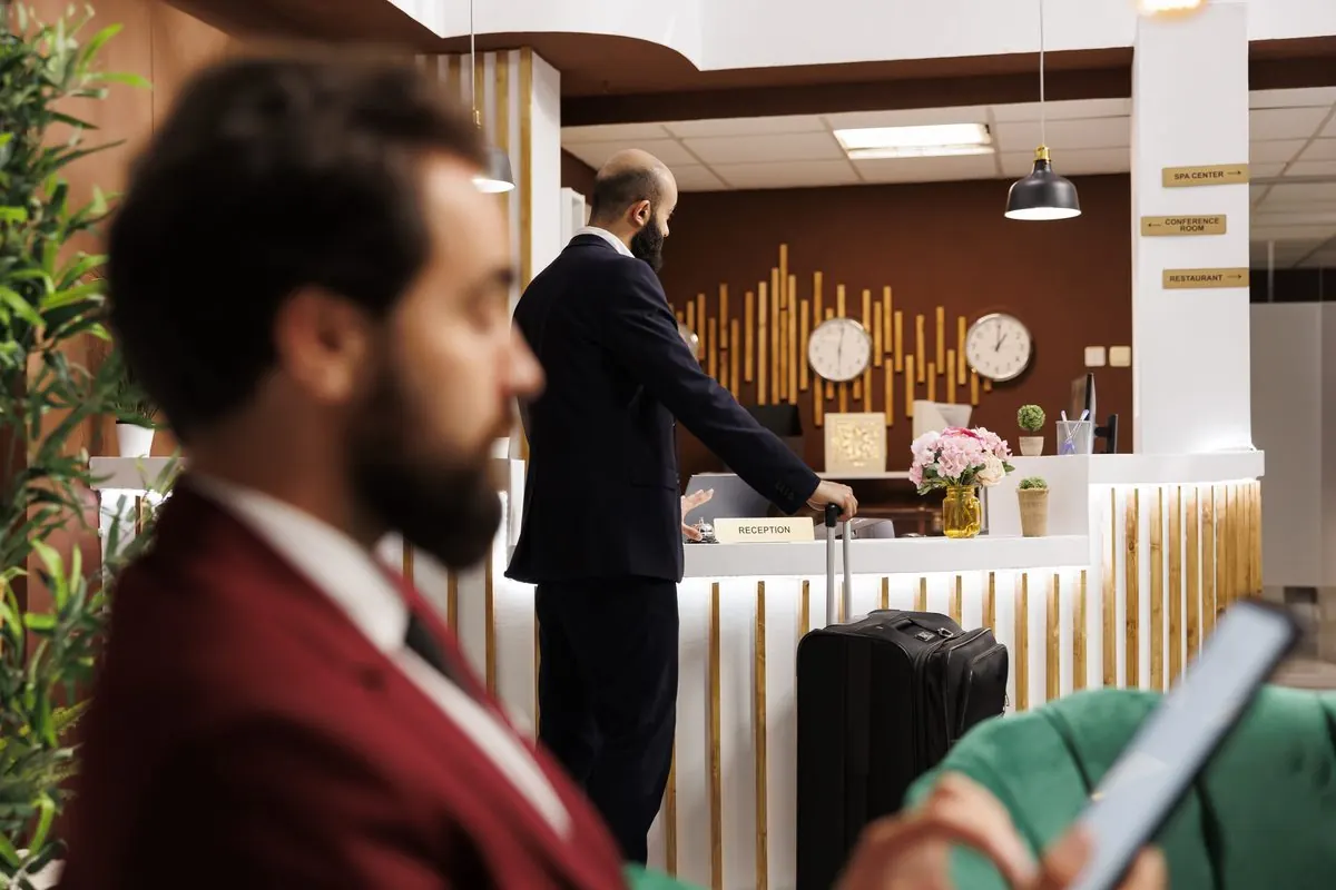 A guest with a suitcase waiting at a hotel front desk.