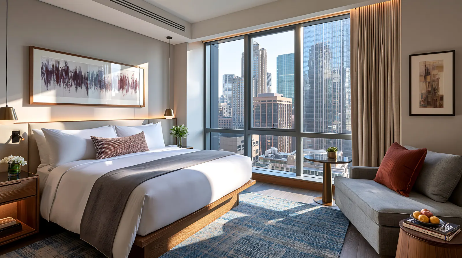 A bed in a modern hotel room with a city view.