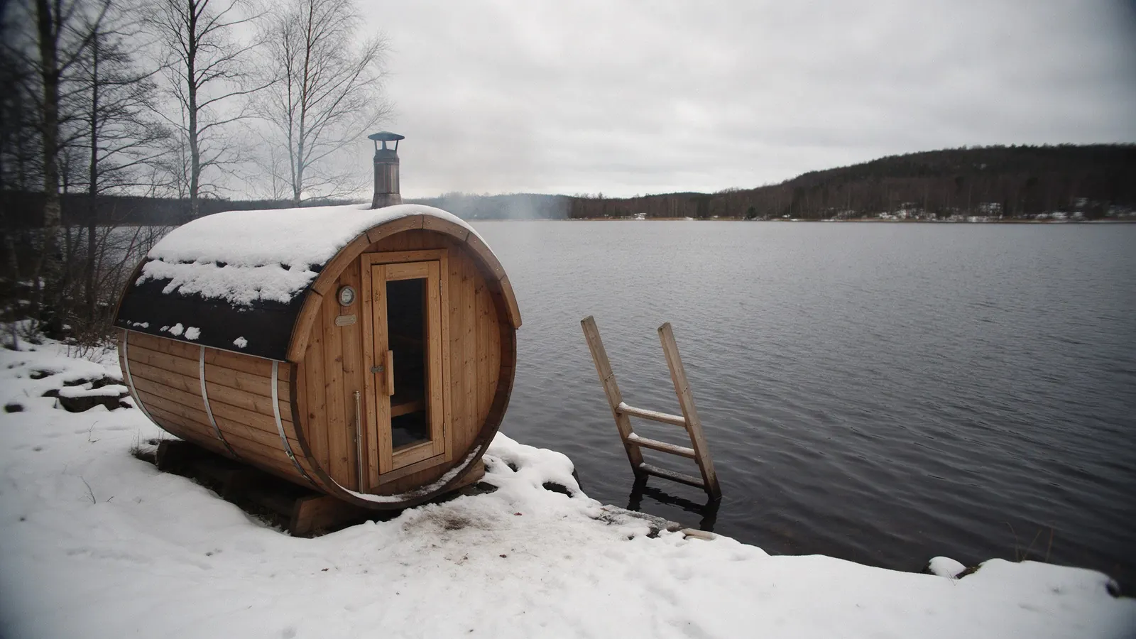 A barrel-shaped wooden sauna beside a lake in winter, with a ladder into the water.
