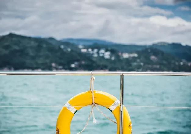 A life ring on a ship's rail with a green coast behind: short coastal itineraries are the norm.