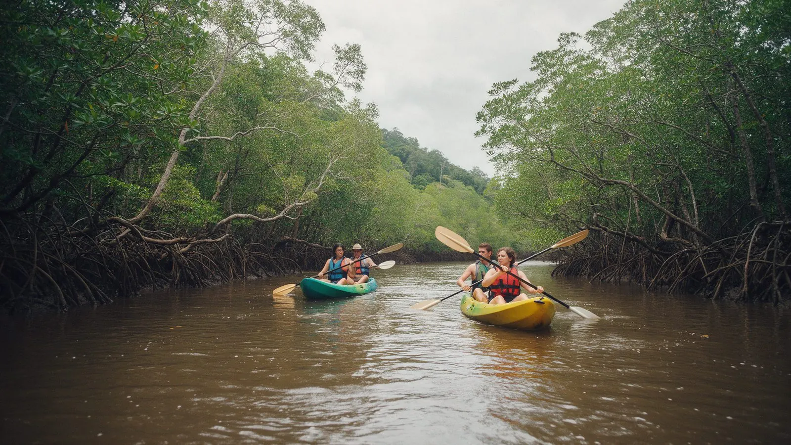 Kayaks moving up a mangrove river: Iriomote's rivers are best seen with a registered guide.