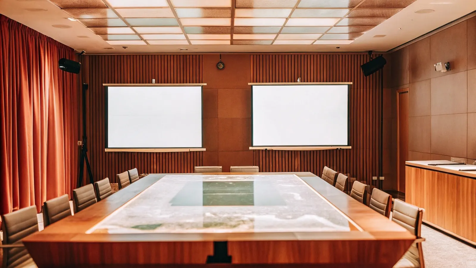 A meeting room set up for a group presentation.