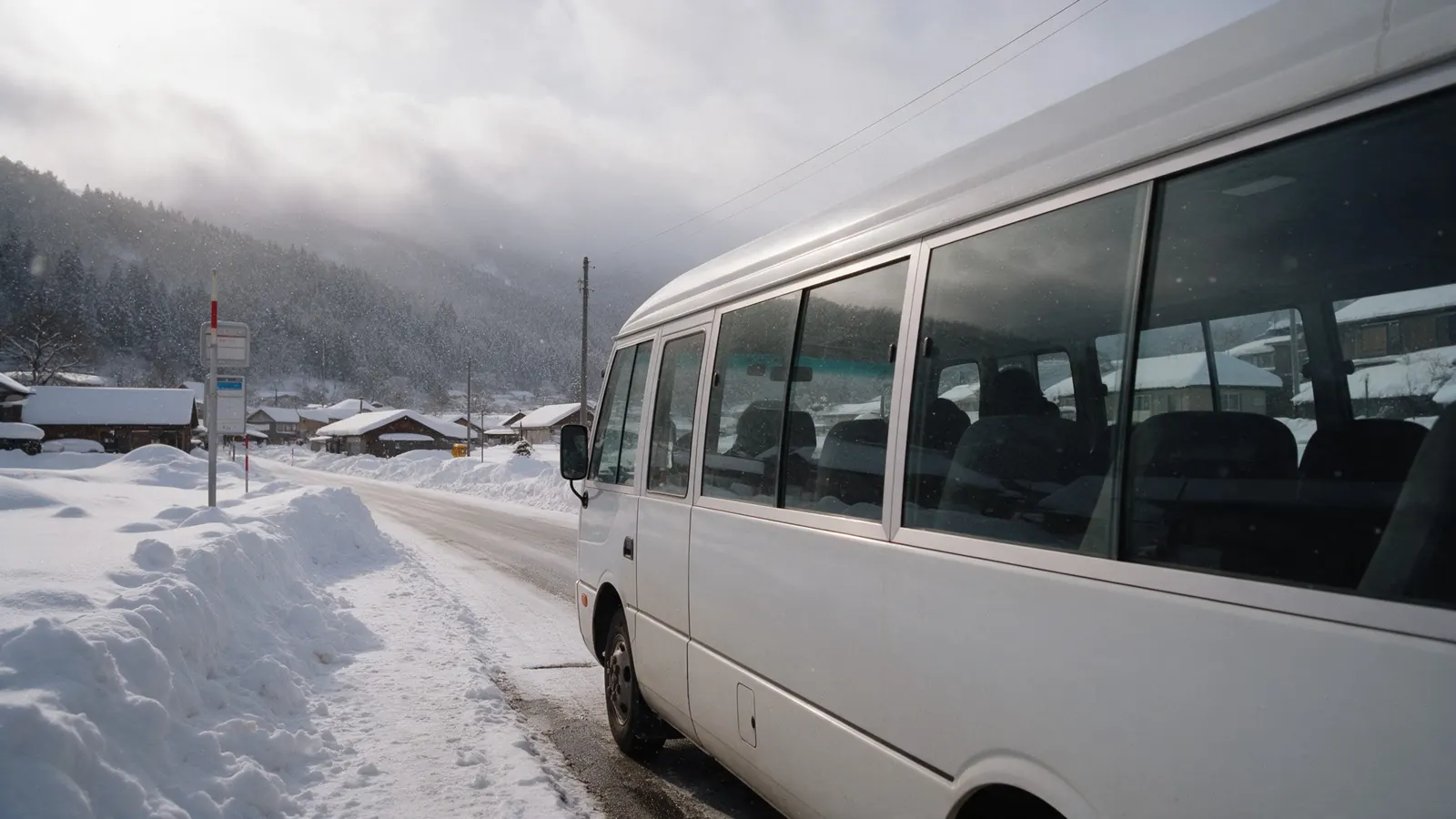 A white minibus parked at a snowy village bus stop in falling snow.