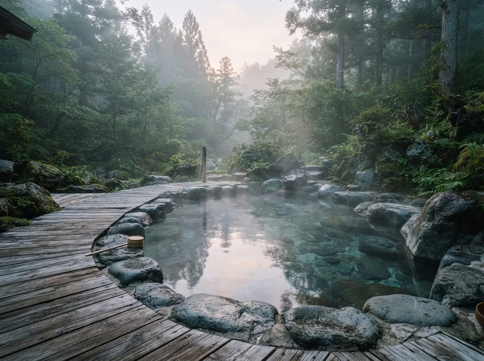 A wooden deck around a stone-edged outdoor bath in a forest.