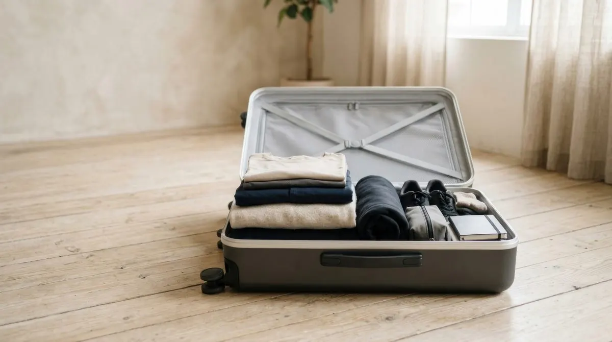 An open suitcase packed with clothes on a wooden floor.