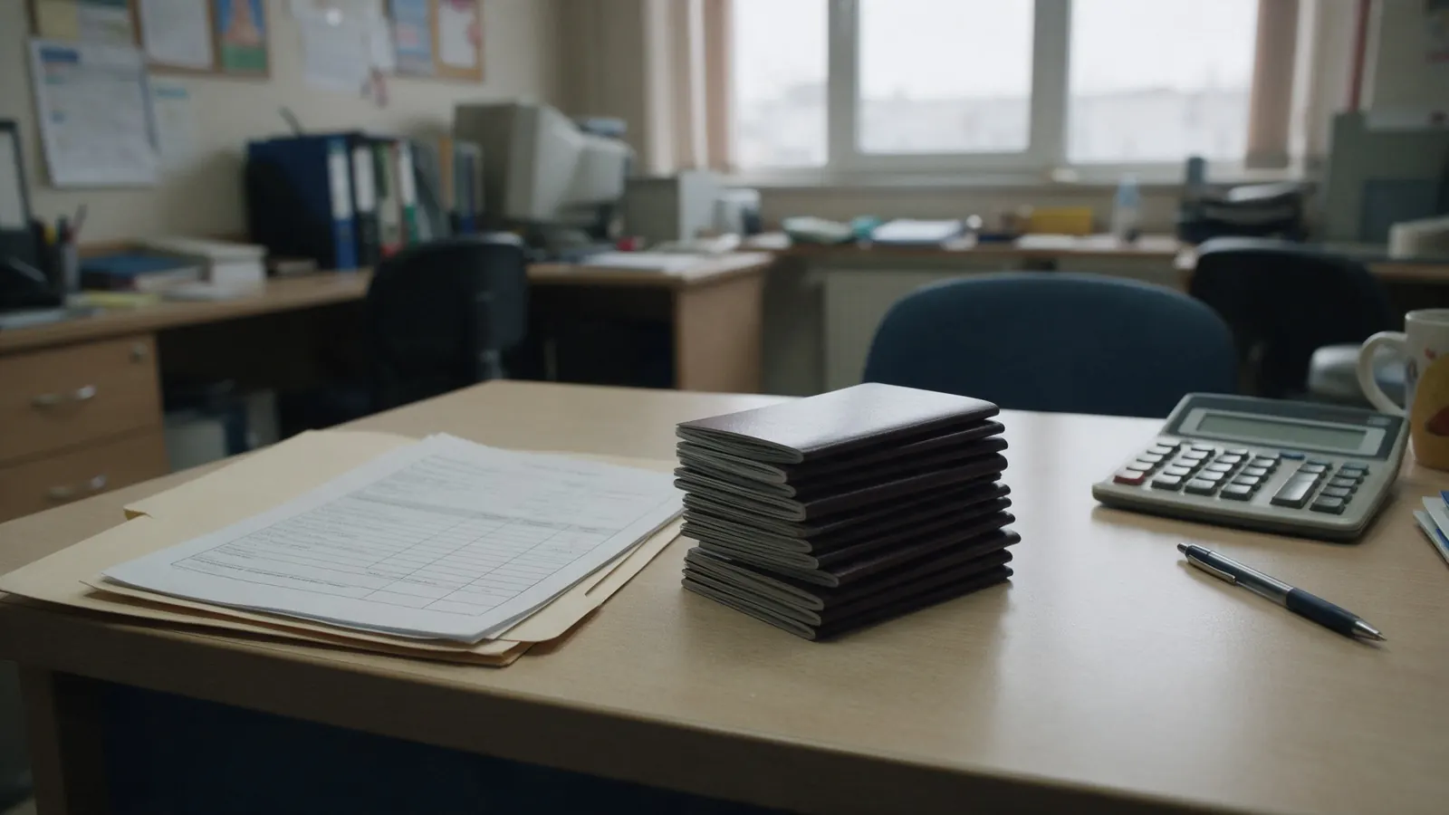 A stack of passports and a folder of forms on an office table.