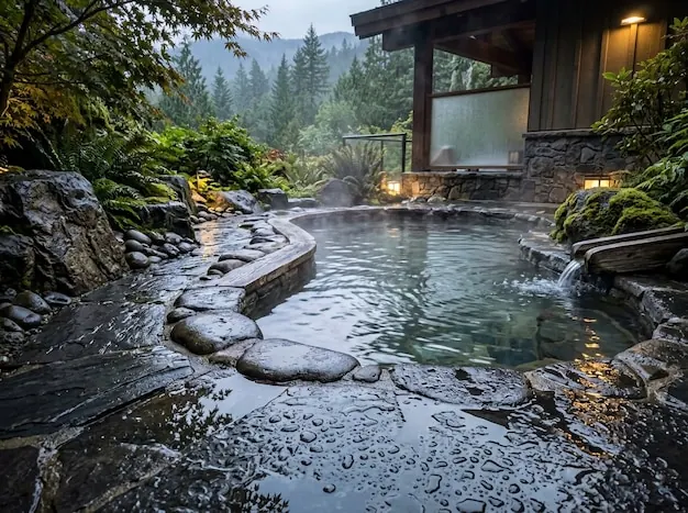 An outdoor rock hot spring pool in a garden on a rainy day.