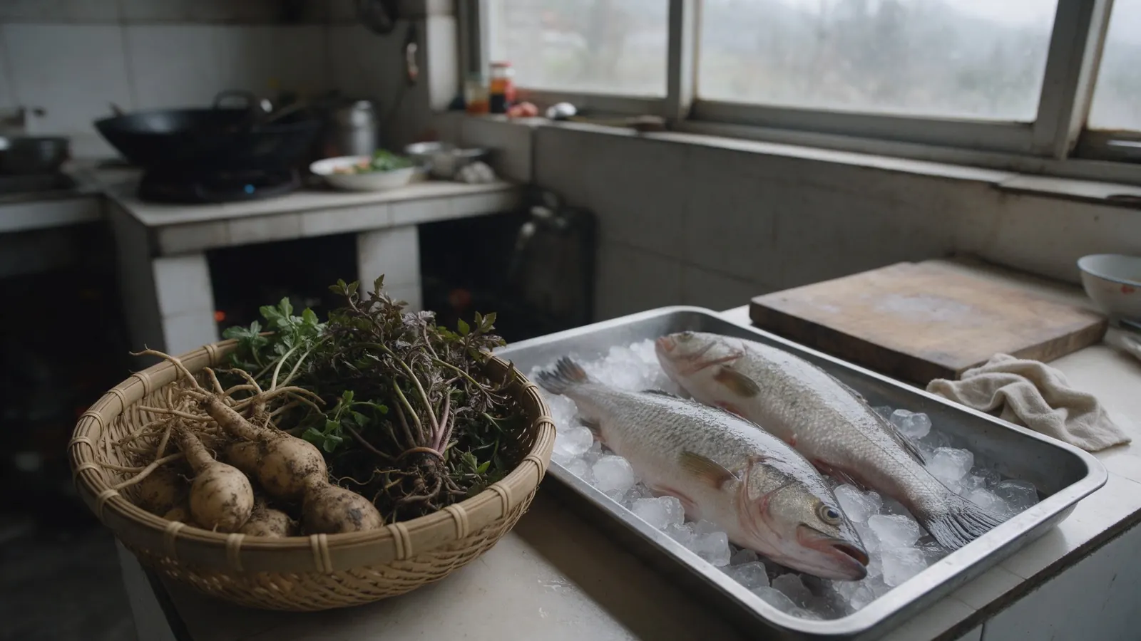 Root vegetables, mountain greens and fresh fish on ice on a rural kitchen counter.