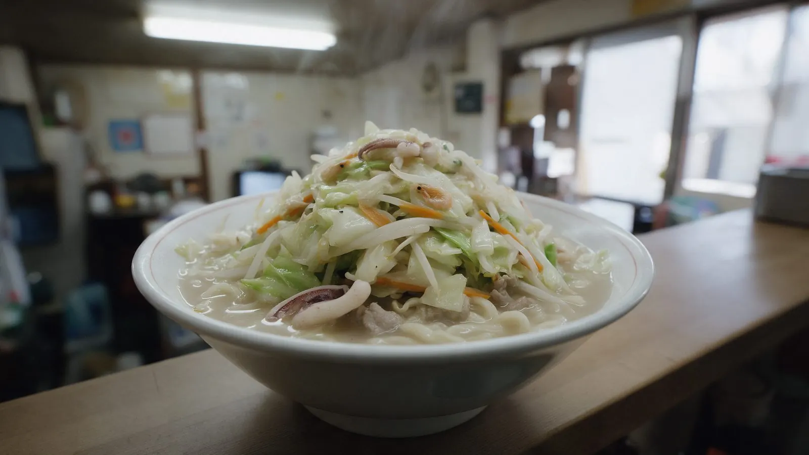 A bowl of noodle soup heaped with seafood and vegetables: Nagasaki-style noodles make an easy group lunch on the peninsula.