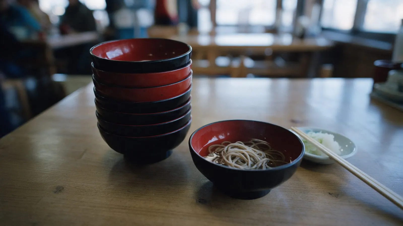 Small soba bowls stacked on a table: wanko soba turns dinner into a game.