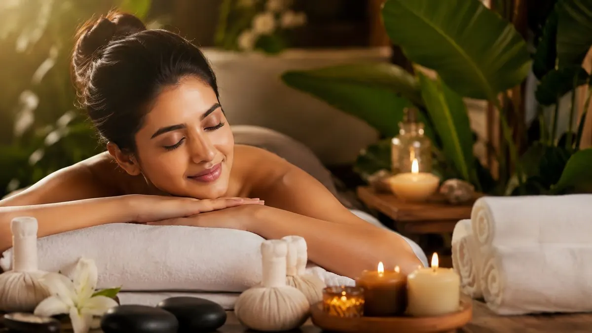 A woman relaxing during a spa treatment, with candles and towels beside her.