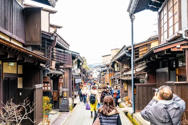 A street of old wooden houses in Takayama with visitors walking between them.
