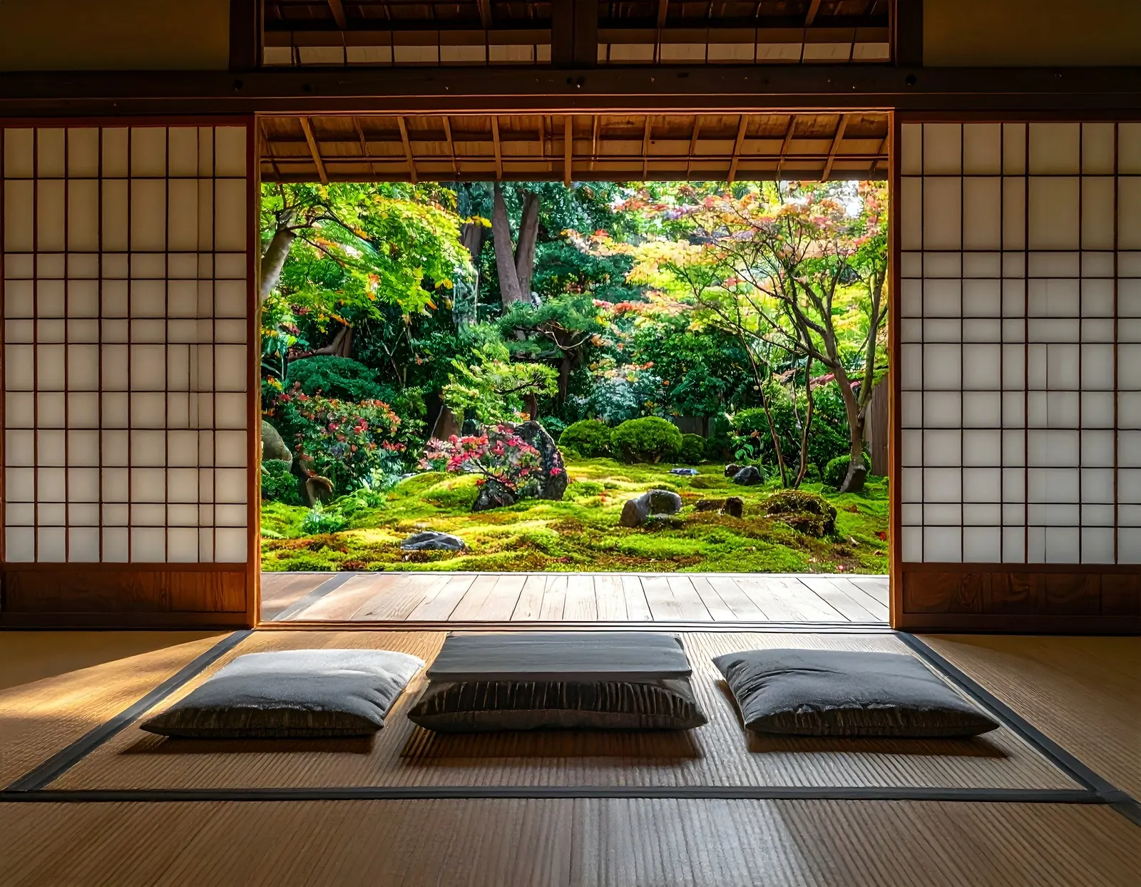 A tatami room opening onto a garden: ryokan room types and meal plans need confirming with the inn.