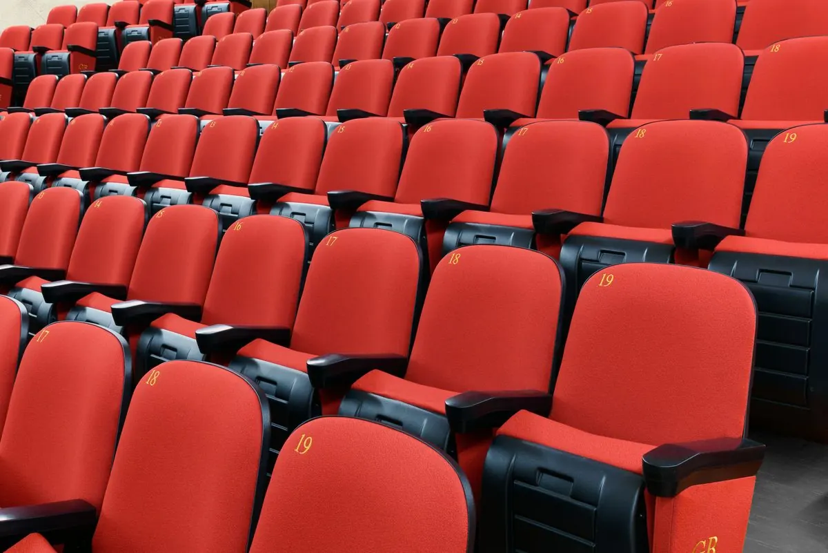 Rows of red seats in a theatre hall.