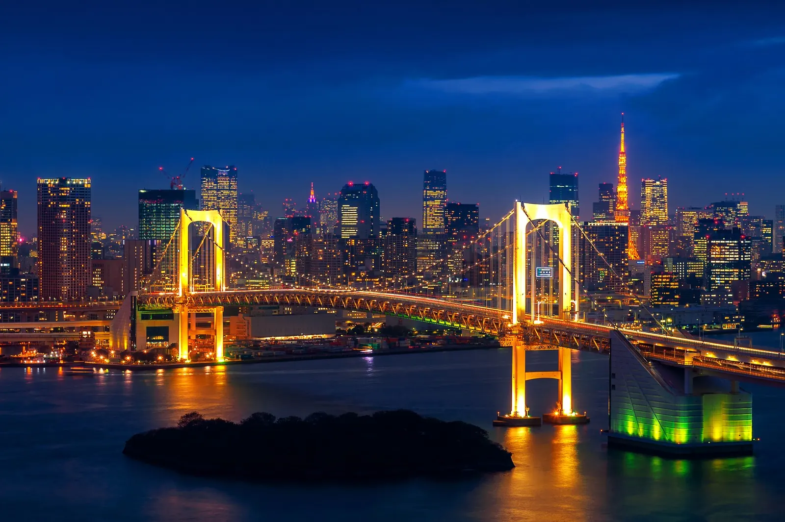 Tokyo's skyline and a lit suspension bridge across the bay at night.