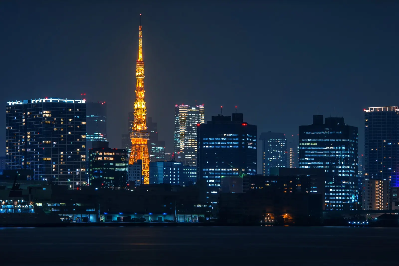 Tokyo Tower and office towers lit up beyond the water at night.