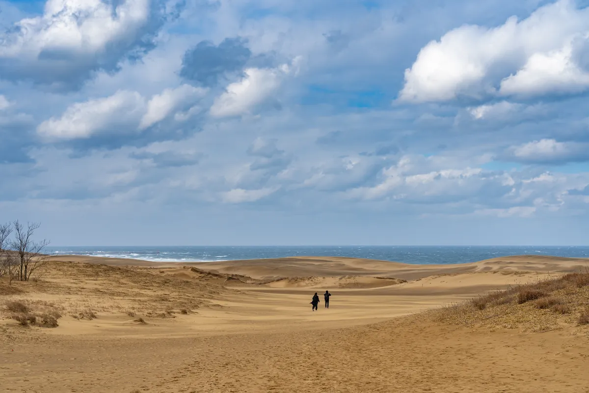 Walking out across the Tottori Sand Dunes towards the Sea of Japan.