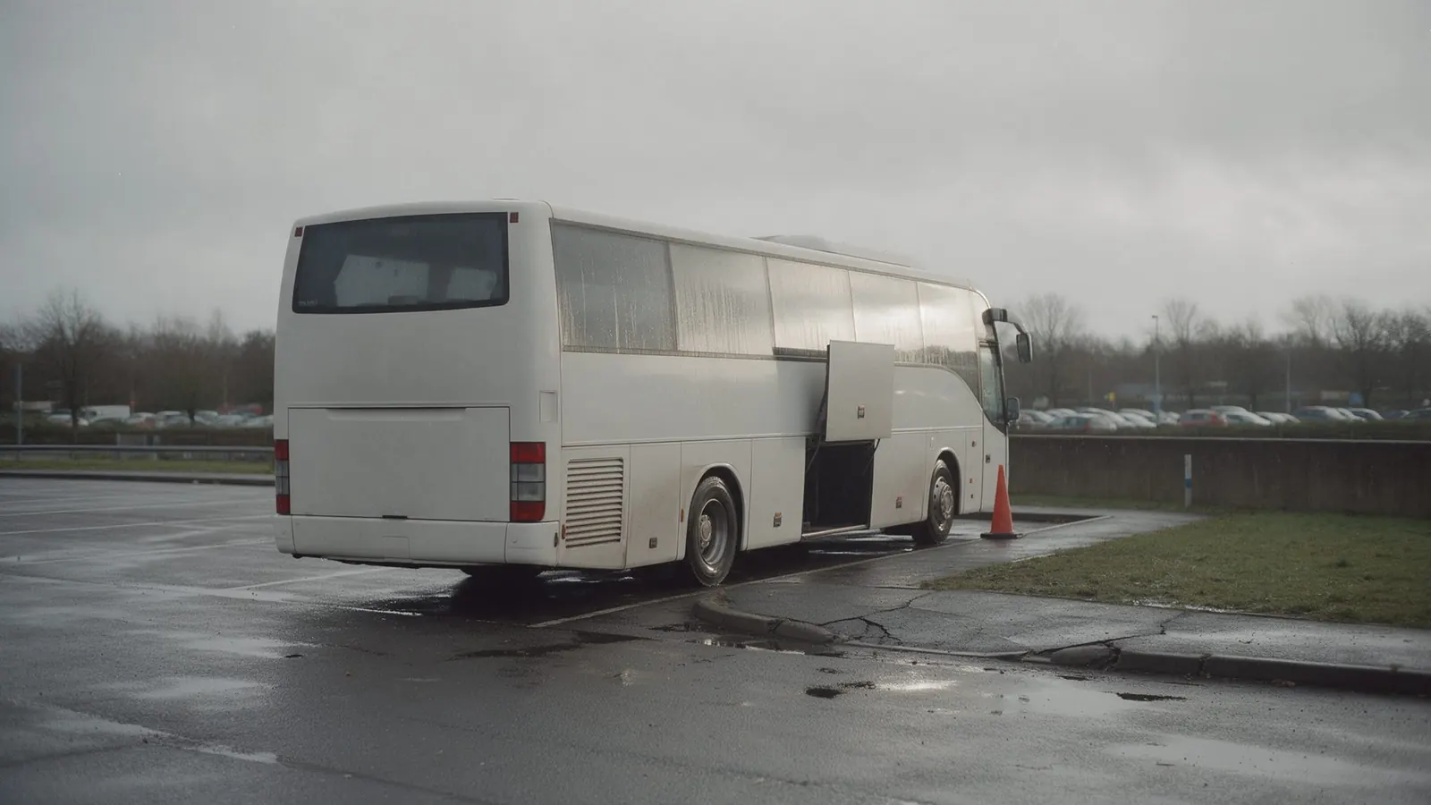 A white touring coach parked in a car park on an overcast day.