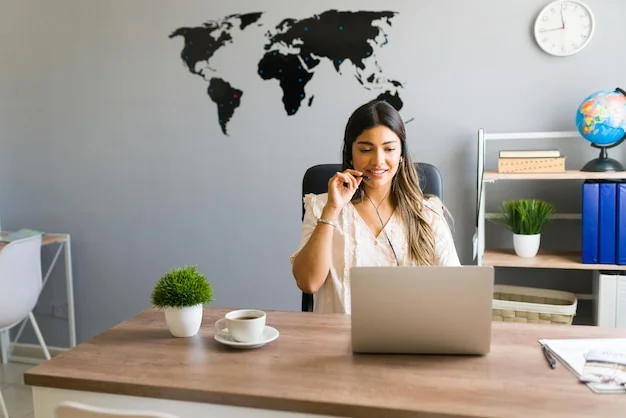 A travel agent at a laptop in front of a world map: more airline content now reaches agency screens.