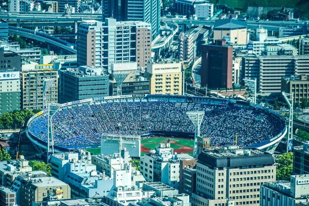 A professional baseball stadium full for a game in Yokohama: Japanese crowds make a game an event, wherever it is played.